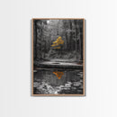 Lone Yellow Tree, Tranquil Pond, Forest Reflection, Canvas Print, Fall Nature Wall Art, Autumn Minimalist Decor, Peaceful Meditation Room