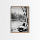 Winter Fishing, Snowy River, Peaceful Solitude, Canvas Print, Cabin Wall Art, Rustic Outdoor Decor, Black White Nature Photography