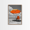 Orange Umbrella Shade, Beach Chill Scene, Relax Spot, Framed Canvas Print, Summer Wall Art, Vacation Vibe Decor, Minimalist Beach Art