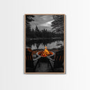 Campfire Chairs Lake, Autumn Firepit Scene, Rustic Retreat, Cabin Escape, Framed Canvas Print, cozy wall art, man cave cabin decor