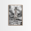Rustic Lighthouse Shore, Weathered Tower Art, Stormy Coast Scene, Moody Seaside, Framed Canvas Print, nautical bathroom or den wall decor