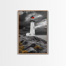 Red Beacon Lighthouse, Rocky Coast Light, Dramatic Storm Sky, Ocean Guide, Framed Canvas Print, nautical office wall art, bold coastal art
