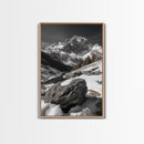 Snowy Alpine Scene, Winter Mountainscape, Nature Photography, Framed Canvas Print, Lodge Wall Art, Cabin Decor, Black and White Art