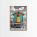 Colorful Beach Hut, Surf Shack, Coastal Cabin, Framed Canvas Print, Tropical Wall Art, Living Room Decor, Bright Summer Home Style