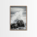Ocean Splash, Rocky Coast, Dramatic Seascape, Monochrome Power, Framed Canvas Print, Coastal Wall Art, Entryway or Office Decor