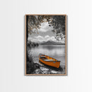 Lake Rowboat, Serene Waters, Mountain Reflection, Framed Canvas Print, Minimalist Nature Art, Living Room Wall Art, Tranquil Landscape