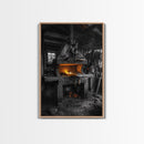 Forge Fire, Rustic Workshop, Industrial Heat, Metal Craft, Framed Canvas Print blacksmith decor, man cave wall art, moody workshop vibe
