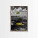 Solitary Tree, Desert Reflection, Yellow Leaves, Framed Canvas Print, Minimalist Wall Art, Bedroom Decor, Nature Fine Art Landscape