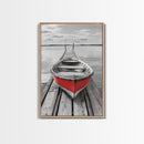 Red Rowboat, Dock Stillness, Minimalist Lake Scene, Canvas Print, Nautical Wall Art, Bathroom Decor, Tranquil Seascape, Coastal Aesthetic