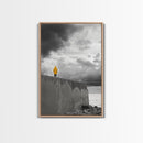Yellow Raincoat, Ocean Storm, Moody Skies, Framed Canvas Print, Minimalist Wall Art, Coastal Entryway Decor, Contemplative Scene