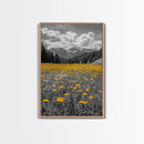 Yellow Wildflowers, Mountain Field, Blooming Meadow, Framed Canvas Print, Nature Photography, Rustic Decor, Dining Room Wall Art