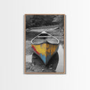 Rustic Canoe, Weathered Paint, River Adventure Art, Framed Canvas Print, Cabin Wall Decor, Color Pop Nature Photography