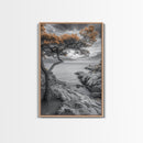 Coastal Tree, Ocean Horizon, Windswept Shoreline, Tranquil Mood, Framed Canvas Print, Minimalist Wall Art, Neutral Tones, Zen Decor