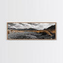 Desert Creek, Rugged Mountains, Golden Shrubs, Nature Path — Framed Canvas Print, Autumn Wall Decor, Rustic Office Art, Landscape Canvas
