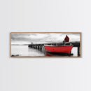 Red Boat Dock, Lonely Harbor View, Seaside Silence, Framed Canvas Print, Nautical Wall Art, Beach House Decor, Moody Coastal Vibes