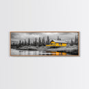 Yellow Cabin, Forest River View, Wilderness Retreat, Framed Canvas Print, Rustic Wall Art, Lodge Decor, Cozy Nature Landscape Style