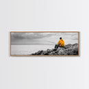 Peaceful Angler View, Yellow Hoodie Fisherman, Canvas Print, Minimalist Seaside Wall Art, Coastal Living Room Art, Fishing Lover Gift