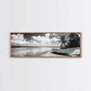 Tropical Boat, Deserted Beach, Palms and Clouds, Ocean Peace, Framed Canvas Print, Boho Wall Art, Bedroom Decor, Seaside Minimalism