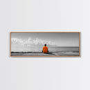 Orange Jacket, Solitude Man, Sea Gaze, Minimal Mood, Framed Canvas Print, Office Wall Art, Modern Decor, Reflective Photography