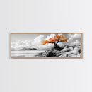 Autumn Tree, Coastal Cliff, Ocean Horizon, Framed Canvas Print, Autumn decor, rustic wall art, minimalist nature, neutral tones