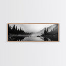 Foggy Pines, Mountain Reflection, Monochrome Wilderness, Canvas Print, black and white wall art, cabin decor, minimalist forest scene