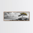 Lone Tree Cliff, Windy Ocean View, Golden Branches, Canvas Print, Moody Landscape Art, Neutral Tones, Office Wall Decor, Minimalist Style