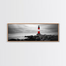 Lighthouse Coastline, Red Beacon, Stormy Sea, Black and White Landscape, Framed Canvas Print, Nautical Decor, Office Wall Art, Modern Style