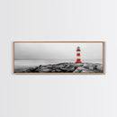 Rocky Shore, Coastal Guide, Red Lighthouse, Ocean Cliff Scene, Framed Canvas Print, Nautical Wall Decor, Bathroom Wall Art, Minimalist Art