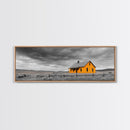 Yellow House, Stormy Sky, Minimalist Landscape, Rural Farmhouse, Framed Canvas Print, Rustic Wall Decor, Living Room Wall Art