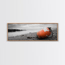 Beach Buoy, Coastal Drift, Orange Marker, Tidal Shore, Framed Canvas Print, Bathroom Wall Decor, Nautical Minimalism, Modern Ocean Art