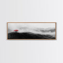 Lone Red Tree, Misty Hills, Minimalist Landscape, Framed Canvas Print, serene bedroom wall art, abstract black and white decor