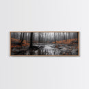 Autumn Forest Stream, Bare Trees, Orange Leaves, Framed Canvas Print, Fall Wall Art, Cozy Nature Scene, Entryway Decor