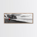 Red Jacket Wanderer, Moody Coastal Cliff Scene, Monochrome Photography, Framed Canvas Print, Modern Minimalist Office Wall Art
