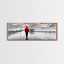 Red Jacket Walk, Rainy Boardwalk Scene, Urban Solitude, Moody Landscape Photography, Canvas Print, Entryway Wall Art, Minimalist Decor