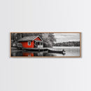Lakeside Cabin Red, Boat House Retreat, Serene Waterfront, Autumn Color Pop, Canvas Print, Cozy Living Room Wall Art, Nature Home Decor