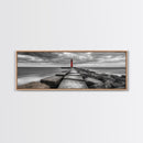 Red Lighthouse Coast, Seaside Rock Jetty, Stormy Sky Mood, Nautical Beacon View, Canvas Print, Bathroom Wall Art, Coastal Modern Decor