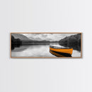 Golden Canoe, Lake Reflection, Tranquil Water, Adventure Scene, Canvas Print, Minimalist Wall Art, Bedroom Landscape, Cabin Decor