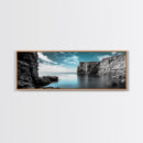 Serene Cove, Cliff Reflections, Blue Water, Coastal Escape, Framed Canvas Print, Tranquil Ocean Art, Bathroom or Spa Wall Decor