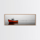 Orange Boat, Ocean Mist, Foggy Seascape, Calm Waters, Framed Canvas Print, Minimalist Nautical Art, Peaceful Wall Decor for Bedroom