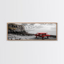 Red Picnic Table, Rocky Shore Cliffs, Bold Coastal View, Framed Canvas Print, Rustic Wall Art, Cabin Decor, Nature Lovers Gift
