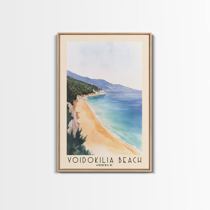 Voidokilia Beach, Greece Watercolor Beach Print, Vacation Gift, Greece Wall Art, Framed Canvas Print, Framed Beach Painting