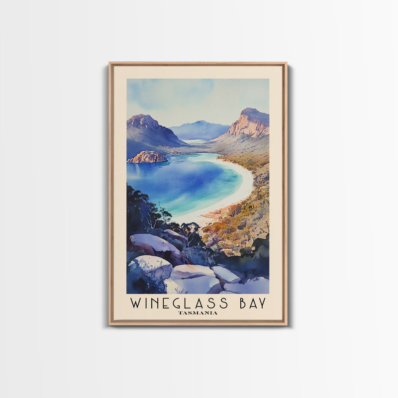 Wineglass Bay, Tasmania Watercolor Beach Print, Vacation Gift, Tasmania Wall Art, Framed Canvas Print, Framed Beach Painting