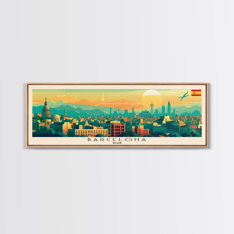 Barcelona Spain Travel Print Wall Art, Panoramic City Art, Travel Art, Wall Decor, Vacation Gift, Framed Canvas Print Or Metal Art