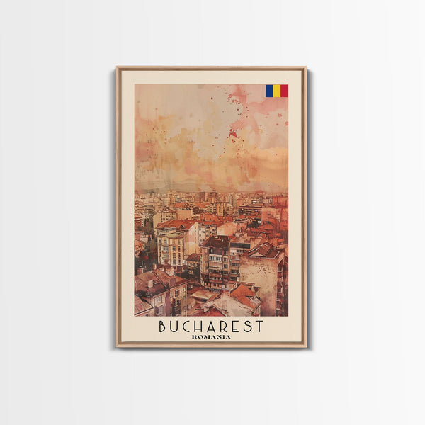 Bucharest Romania Travel Poster Framed Canvas Print, Abstract Cityscape, Boho Wall Art, Home Decor, Living Room Art, Watercolor Painting, Original Art