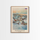 Murmansk Russia Travel Poster Framed Canvas Print, Coastal Cityscape, Watercolor Painting, Wall Art, Home Decoration, Travel Print, Unique Gift