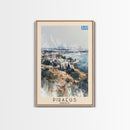 Piraeus Greece Travel Poster Framed Canvas Print, Watercolor Painting, Coastal Wall Art, Home Decor, Greek Seaside, Vibrant Art