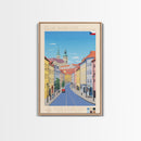 České Budějovice Czech Republic Travel Poster Framed Canvas Print, Midcentury Modern Art, Pop Art Decor, Living Room Wall Art