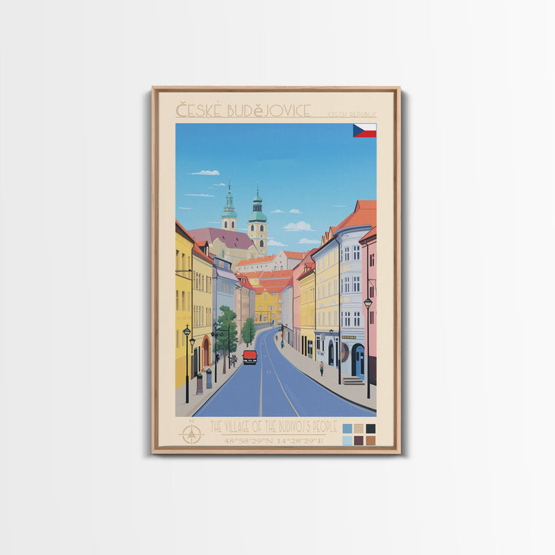 ÄŒeskÃ© BudÄ›jovice Czech Republic Travel Poster Framed Canvas Print, Midcentury Modern Art, Pop Art Decor, Living Room Wall Art