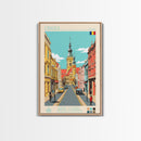 Oradea Romania Travel Poster Framed Canvas Print, Midcentury Modern Art, Pop Art Wall Decor, Scenic Bedroom Art, Office Decoration