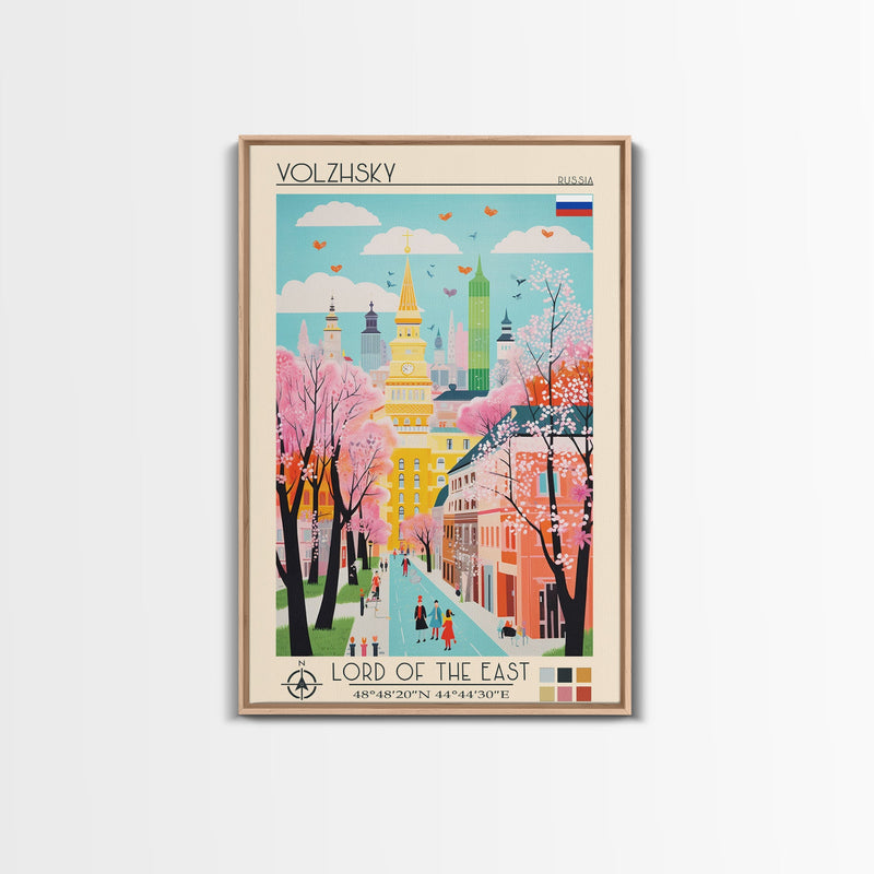 Volzhsky Russia Travel Poster Framed Canvas Print, Midcentury Modern Art, Pop Art Wall Decor, Living Room Art, Home Decoration